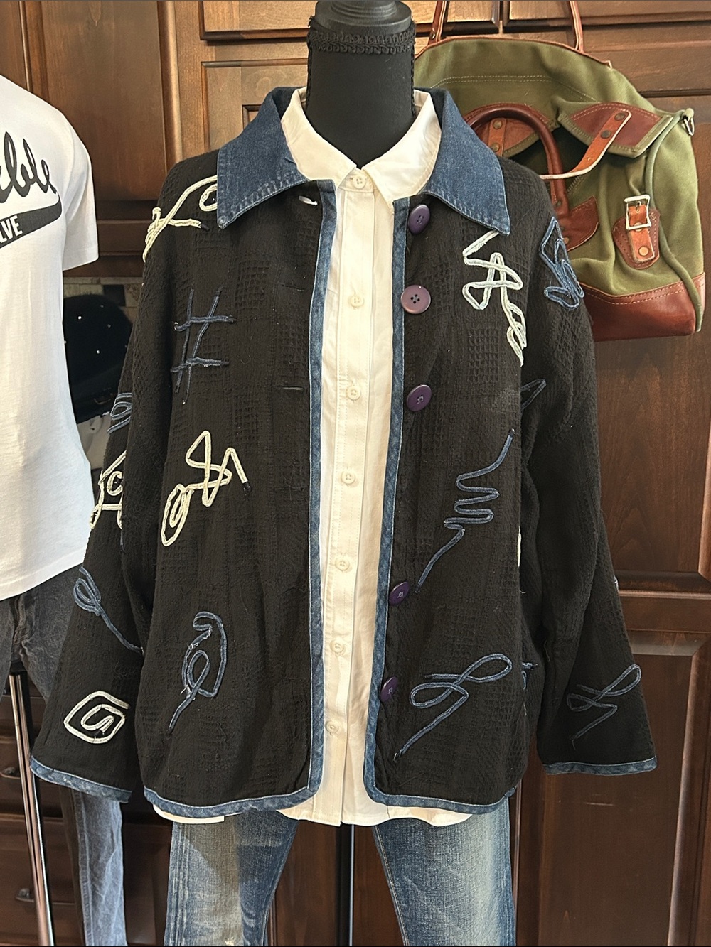 90’s Sara Studios Plus Sz 2X Embroidered Black Jacket with Denim Trim